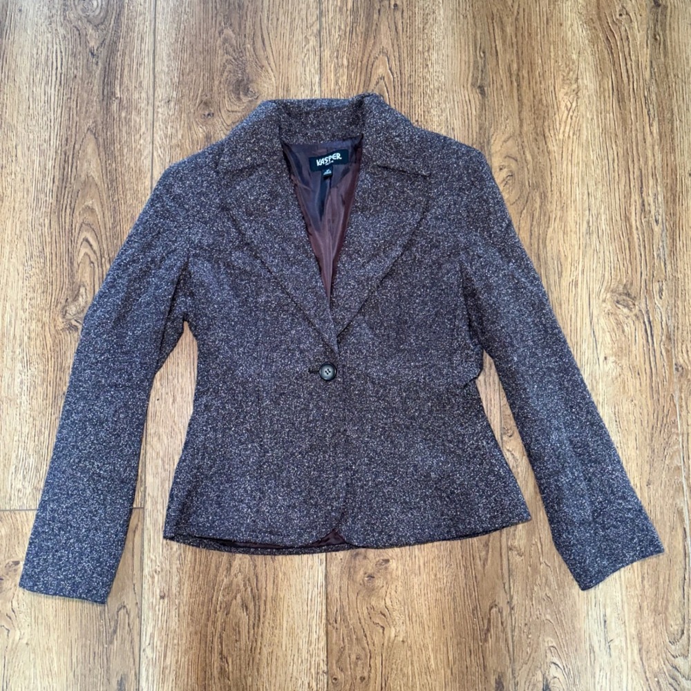 Kasper Silk Wool Blend Tweed Blazer Jacket Brown Speckle Single Button Womens 6P